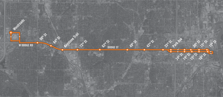 The ORBT route extends from Westroads Mall to downtown Omaha.