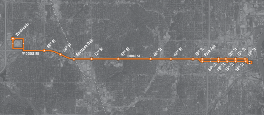 La ruta ORBT se extiende desde el centro comercial Westroads hasta el centro de Omaha.