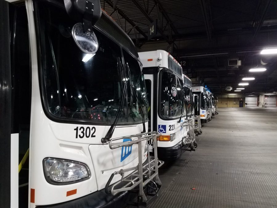 Rows of buses inside Metro bus barn