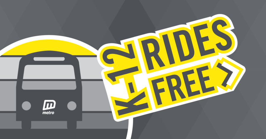 Dark grey graphic with a Metro bus icon over yellow and grey stripes next to text saying
