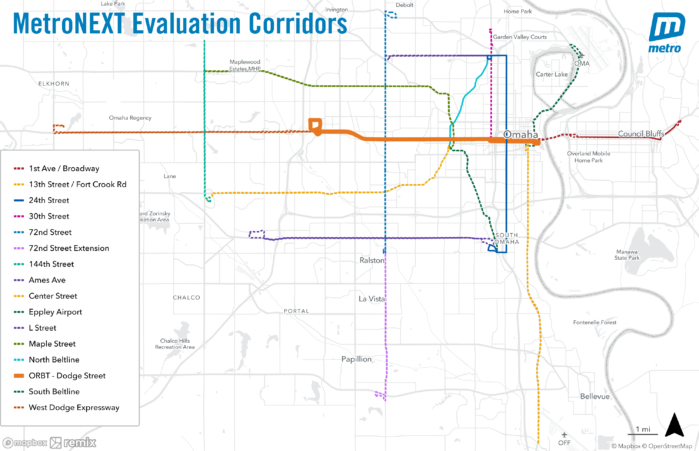 Map showing 15 corridors selected for further evaluation for enhanced transit service