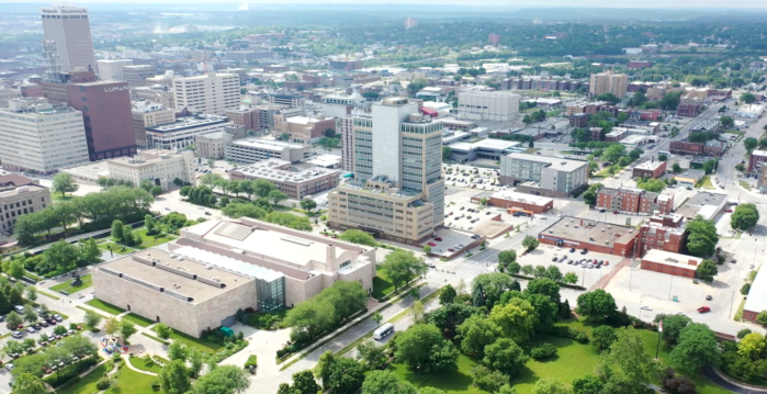 Drone photo of 24th Street and Dodge Street intersecting