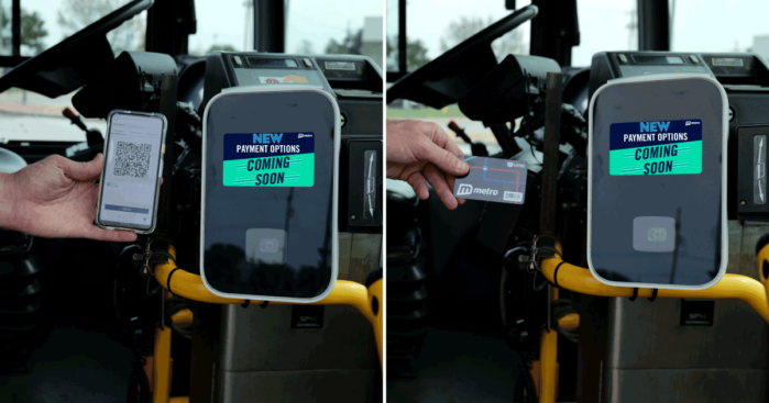 Left picture shows hand holding phone with Umo mobile app next to fare reader in front of farebox; right photo shows hand holding Umo smart card next to fare reader in front of farebox.