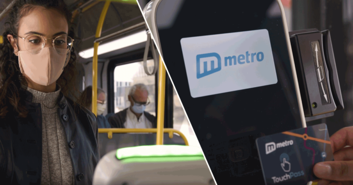 Left photo shows rider wearing mask standing at fare reader flashing a green acceptance light; right photo shows rider's hand tapping a Umo smart card on the fare reader