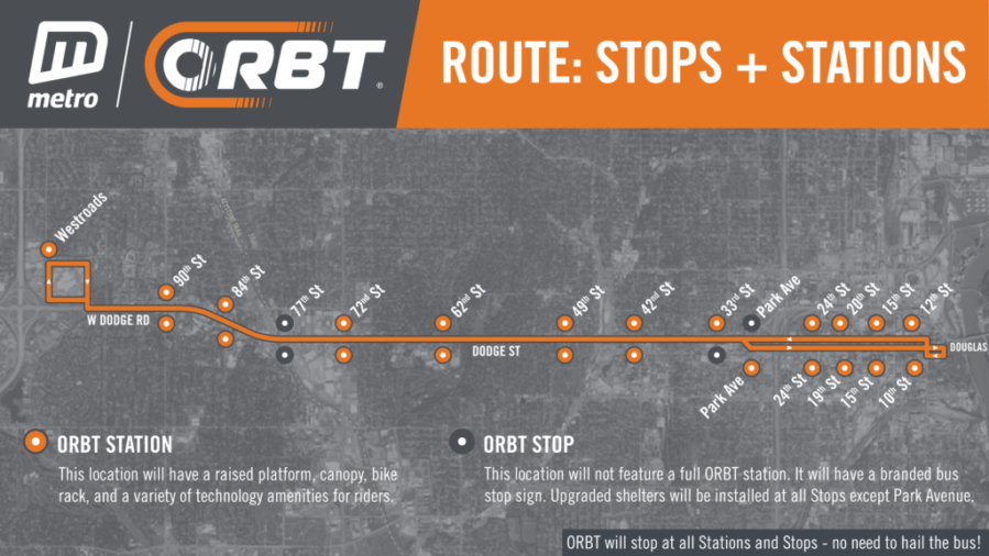 The ORBT route extends from Westroads Mall to downtown Omaha.