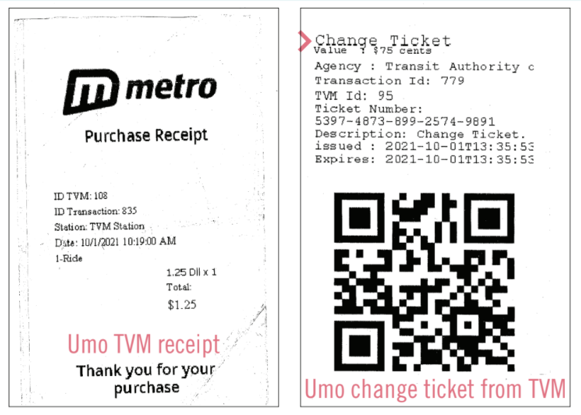 Umo TMV receipt and change ticket