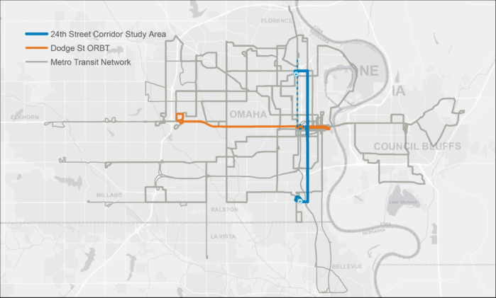 Map showing 24th Street corridor study area in relation to ORBT and Metro transit system map
