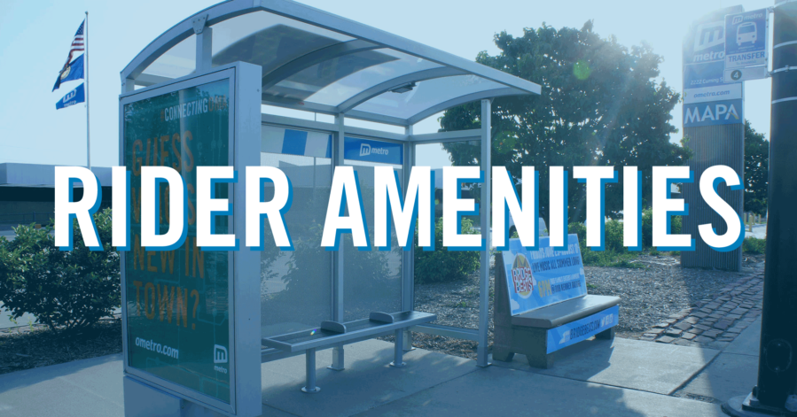 Image showing bus stop with bus shelter and bench. Overlaid text says