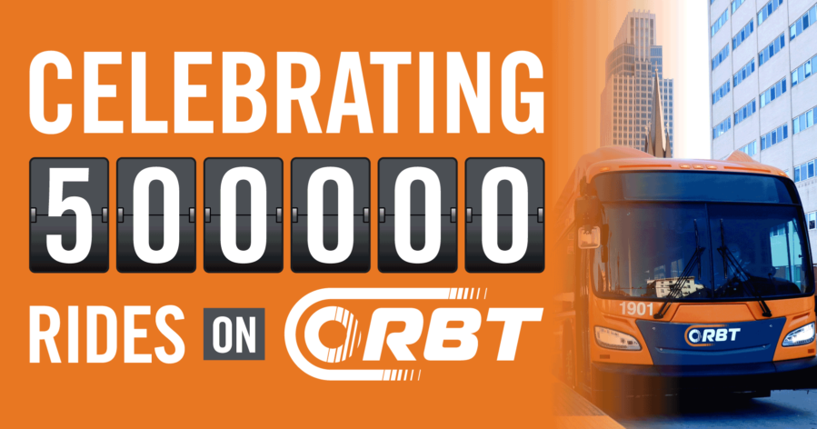 Image of an ORBT bus with an orange gradient and overlaid text saying