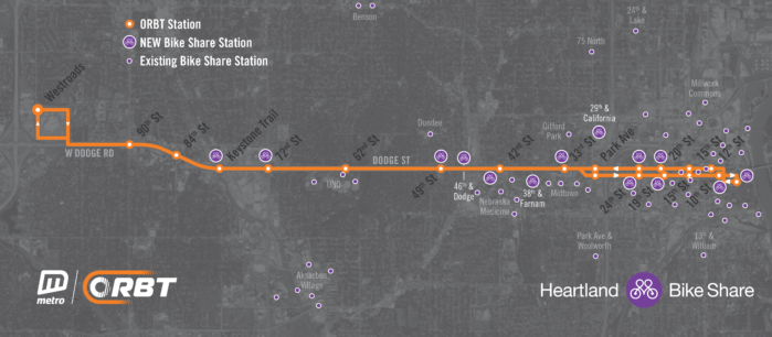 A map of the ORBT route showing new Heartland Bike Share stations as well as existing bike share stations near or on the ORBT route
