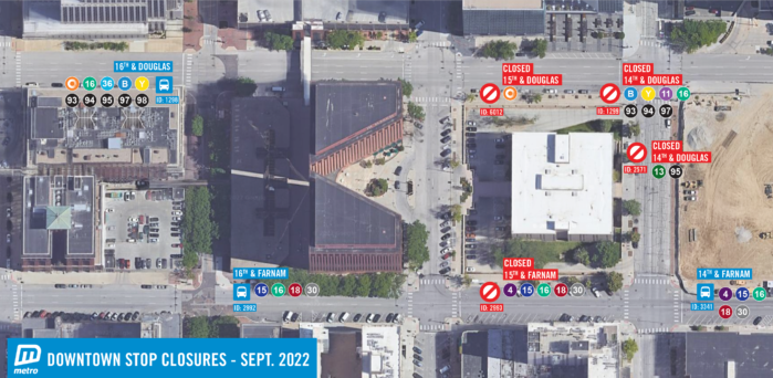 A map showing four bus stops closed in downtown Omaha (15th and Douglas, 14th and Douglas Southwest for Routes 13 and 95, and 14th and Douglas Southwest for routes 11, 16, Blue, and Yellow)