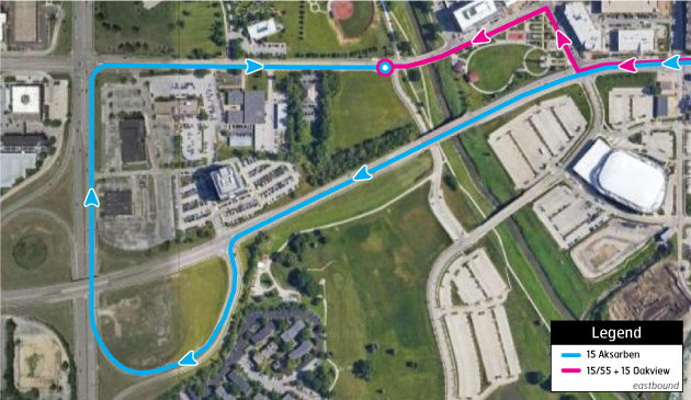 Map showing new route turns for Route 15 between downtown and the Aksarben Transit Center