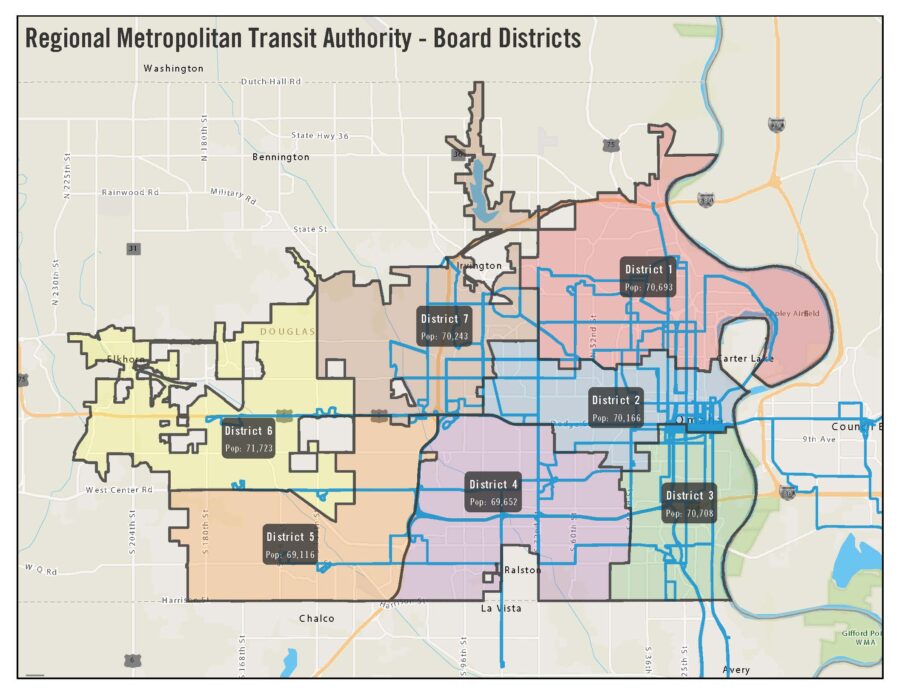 A map of the districts for the Regional Metropolitan Transit Authority of Omaha