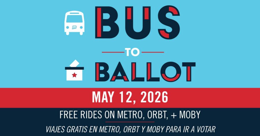 A graphic promoting the Bus to Ballot free ride program for May 12, 2026. Free rides on Metro, ORBT, and MOBY